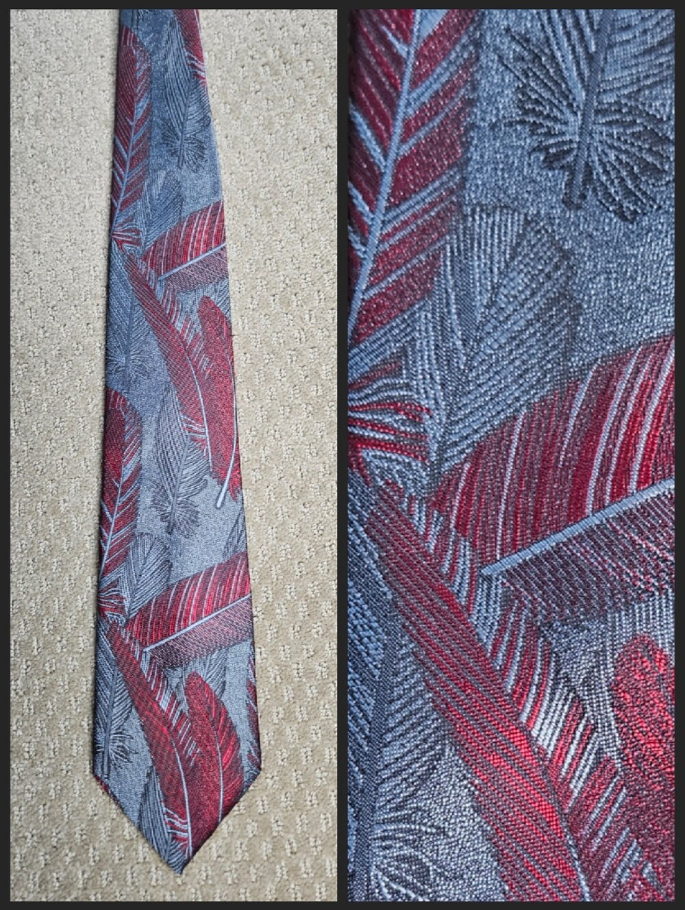 Oscar De La Renta Studio polyester / silk blend gray & red feather design tie
